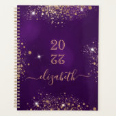 Paarse gouden glitter stofmonogram script planner (Voorkant)