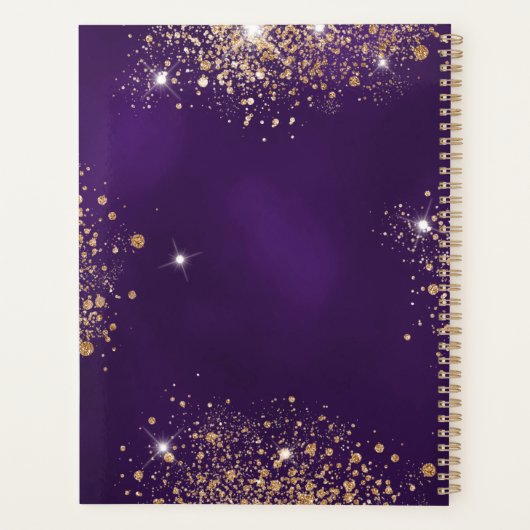 Paarse gouden glitter stofmonogram script planner (Achterkant)