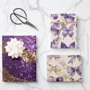 Paarse Gouden Glitter Vlinders Bogen Verjaardag Inpakpapier Vel