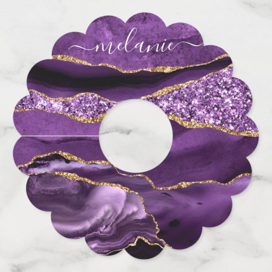 Paarse Gouden Glitter Wijnglas Label en aangepaste (Achterkant)