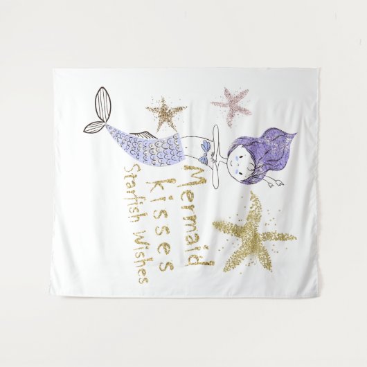 Paarse Gouden Glitter Zeemeermin Wensen Zeester Ku Wandkleed (Voorkant (horizontaal))