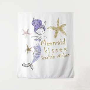 Paarse Gouden Glitter Zeemeermin Wensen Zeester Ku Wandkleed