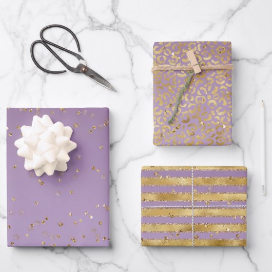 Paarse Gouden Glitz Sparkle Stripes Luipaard Inpakpapier Vel (Voorkant)