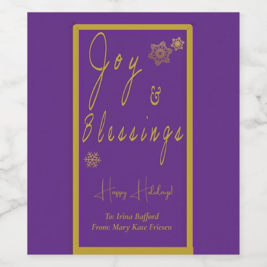  Paarse & gouden 'Joy & Blessings' Wijn Etiket (Enkel label)