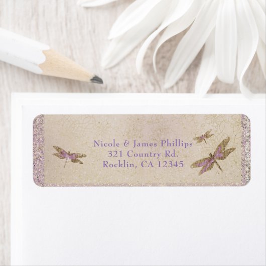 Paarse & gouden libellen Dragonfly Uitnodiging Etiket (Insitu)