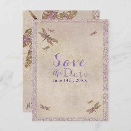 Paarse & Gouden Libellen Libel Save the Date Aankondigingskaart (Voorkant / Achterkant)