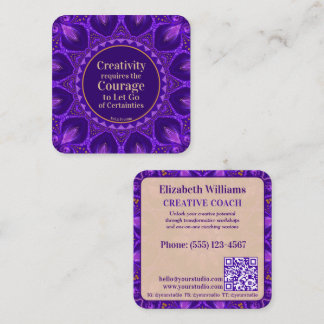 Paarse gouden Mandala Creative Coach w / QR-code Vierkante Visitekaartje