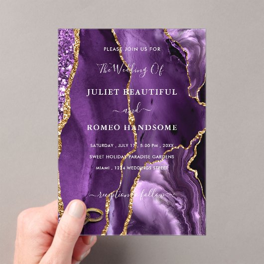 Paarse gouden marmeren bruiloft uitnodiging met ri acryl uitnodigingen (Insitu (Draagbaar))