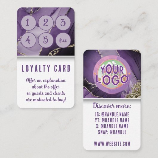Paarse gouden marmeren medische spa huidverzorging klantenkaartje (Voorkant / Achterkant)