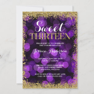 Paarse Gouden Nep Glitter Lichtjes Sweet 13 Verjaa Kaart