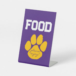Paarse & Gouden Pawprint Food Table Afstuderen Reclamebord Met Voetstuk