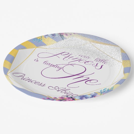 Paarse gouden prinses verjaardag papieren bordje (Gekanteld)