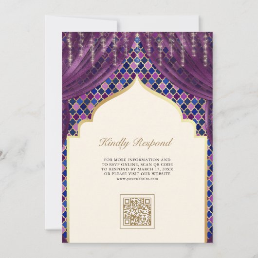 Paarse Gouden Quatrefoil QR Code Sikh Huwelijk Kaart (Achterkant)