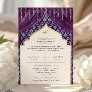 Paarse Gouden Quatrefoil QR Code Sikh Huwelijk Kaart