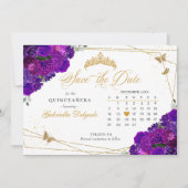 Paarse & gouden quinceañera sparen de datum kaart (Voorkant)
