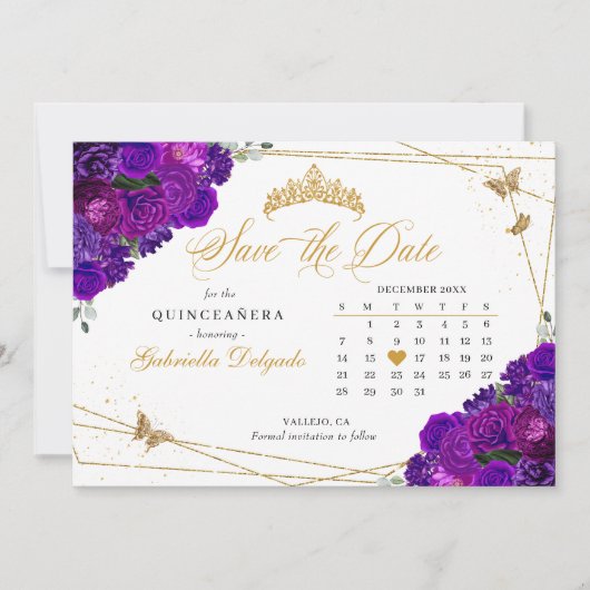 Paarse & gouden quinceañera sparen de datum kaart (Voorkant)