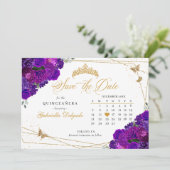 Paarse & gouden quinceañera sparen de datum kaart (Staand voorkant)