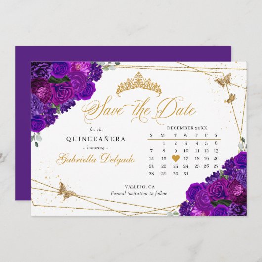 Paarse & gouden quinceañera sparen de datum kaart (Voorkant / Achterkant)
