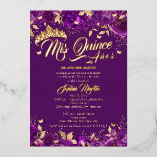 Paarse gouden Roos Mis Quince Quinceanera Folie Uitnodiging