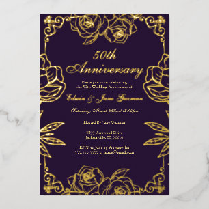 Paarse Gouden Roos Tuin 50ste bruiloft Jubileum Folie Uitnodiging