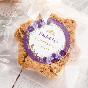 Paarse Gouden Rozen Quinceanera Verjaardagsgunsten Ronde Sticker