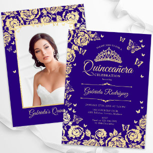 Paarse gouden Rozen vlinders quinceanera foto Kaart