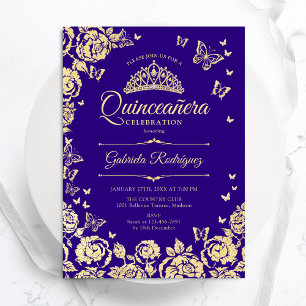 Paarse gouden Rozen Vlinders Quinceanera Kaart