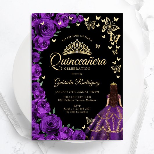 Paarse gouden Rozen Vlinders Quinceanera Kaart