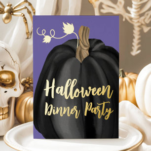Paarse Gouden Schrift Pompoen Halloween Dinerfeest Folie Uitnodiging
