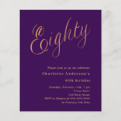 Paarse gouden script 80ste verjaardag uitnodiging (Voorkant)