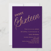 Paarse gouden script elegant Sweet 16 Kaart (Voorkant)