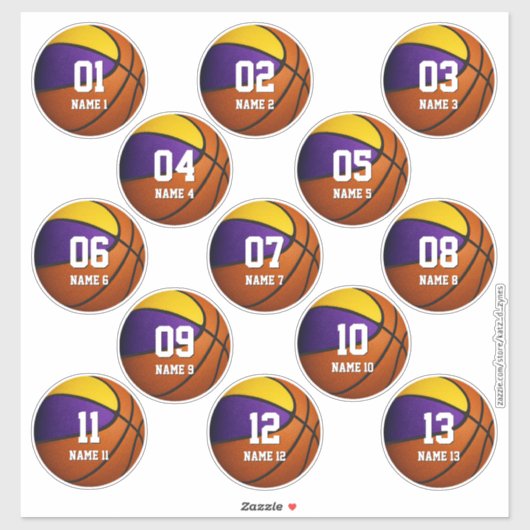paarse gouden set van 13 kinder basketbalteamcadea sticker (Vel)