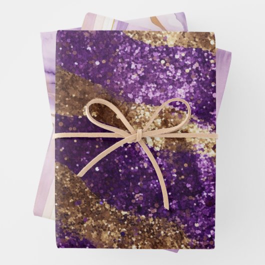 Paarse Gouden Sparkle Glitter Girly Stripes Verjaa Inpakpapier Vel (In situ)