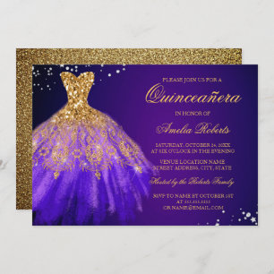 Paarse Gouden Sparkle Jurk Quinceanera Uitnodiging