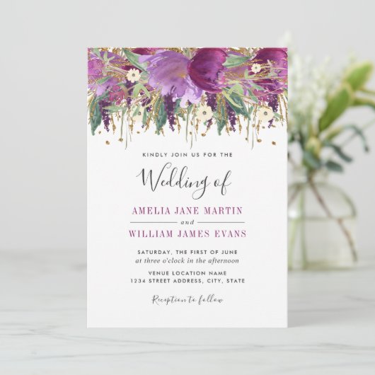 Paarse gouden sprankelende amethist bruiloft uitno kaart (Staand voorkant)