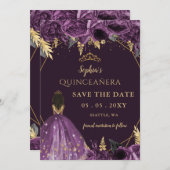 Paarse Gouden Tan Prinses Bloemen Quinceañera Save The Date (Voorkant / Achterkant)