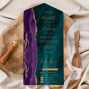 Paarse Gouden Teal Agate Maaltijd Opties Bruiloft All In One Uitnodiging