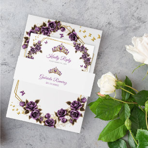 Paarse Gouden Tiara Quinceañera Uitnodigingen Wikkel