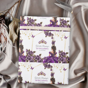 Paarse Gouden Tiara Rozen Quinceañera Cadeaupapier