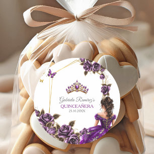 Paarse Gouden Tiara Rozen Quinceañera Ronde Sticker
