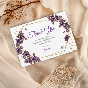 Paarse Gouden Tiara Rozen Vlinder Quinceañera Bedankkaart
