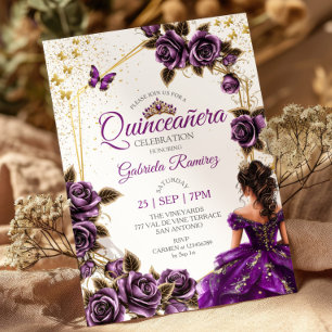 Paarse Gouden Tiara Rozen Vlinder Quinceañera Kaart