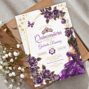 Paarse Gouden Tiara Rozen Vlinder Quinceañera Kaart