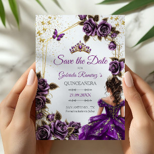 Paarse Gouden Tiara Rozen Vlinders Quinceañera Save The Date