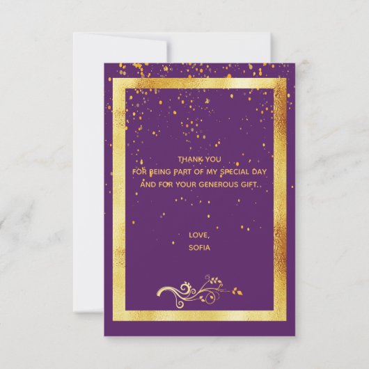 Paarse gouden verjaardags dank je kaart (Achterkant)