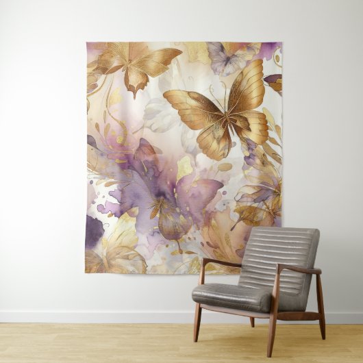 Paarse & Gouden Vlinder Aquarel Vlinders Wandkleed (In situ)