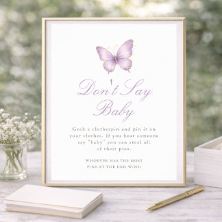 Paarse Gouden Vlinder Baby Shower Zeg het niet teg Poster