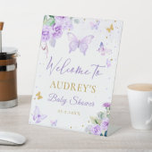 Paarse gouden vlinder bloemig Baby shower welkom Reclamebord Met Voetstuk (Insitu)