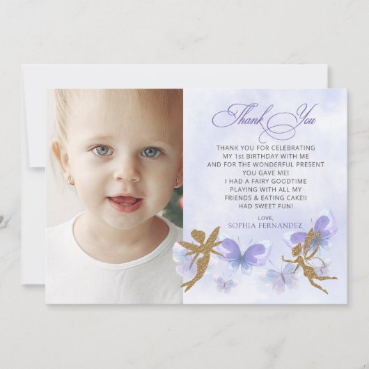 Paarse gouden vlinders Fairy eerste verjaardag Bedankkaart (Voorkant)