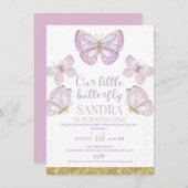 Paarse Gouden Vlinders Meisjes 1e Verjaardagsuitno Kaart (Voorkant / Achterkant)